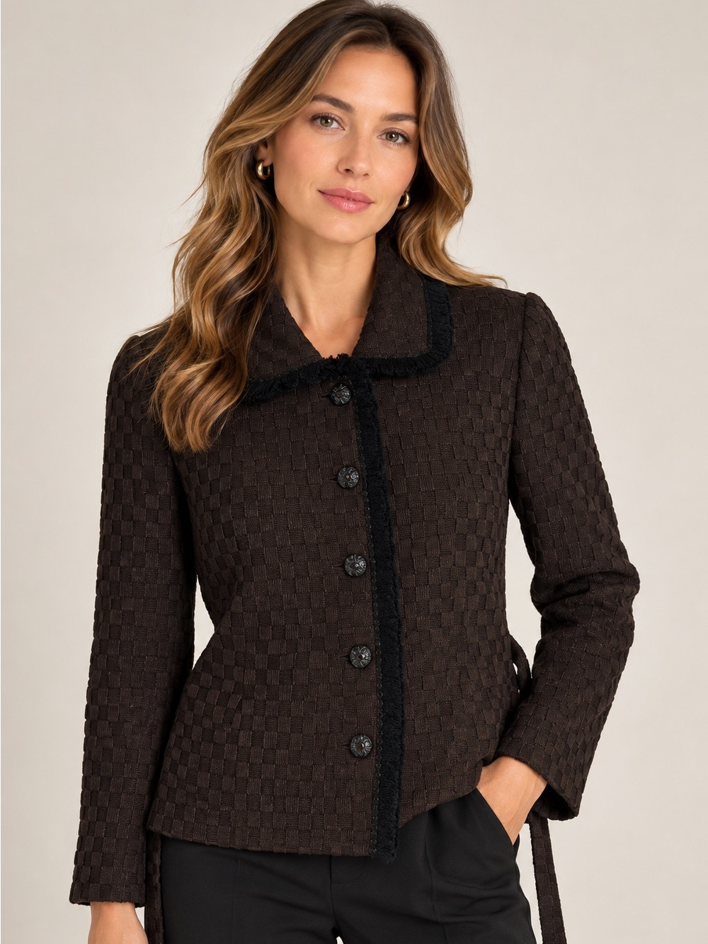 St. John Couture Marie Gray Brown Black Textured Knit Fringe Jacket 2